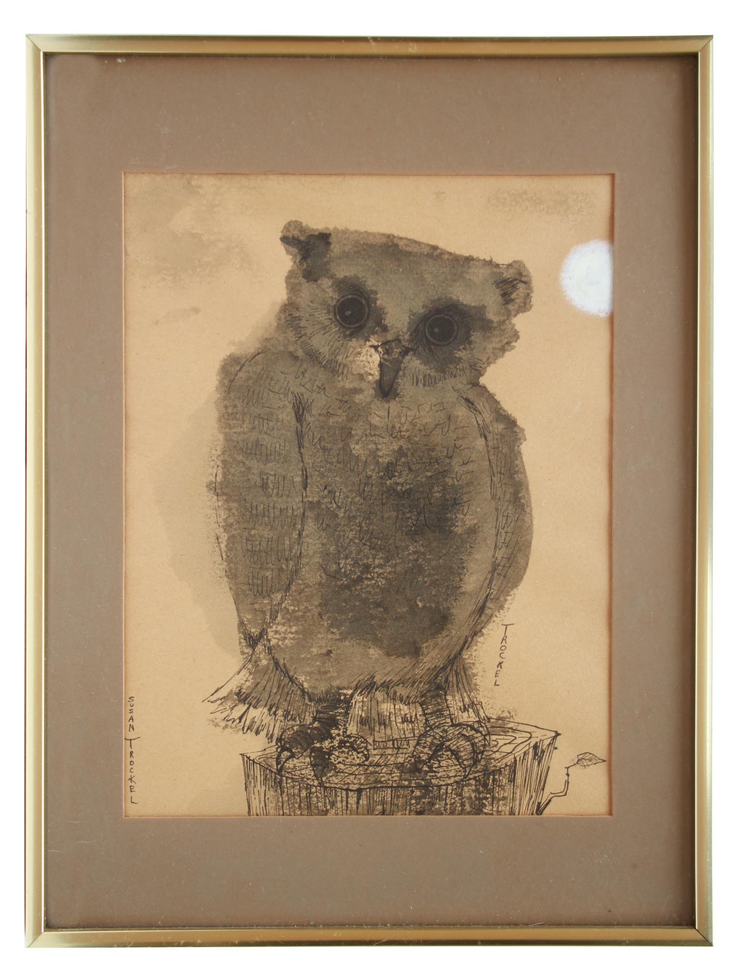 AN INK & INK WASH OWL PAINTING BY SUSAN TROCKEL PIC-0